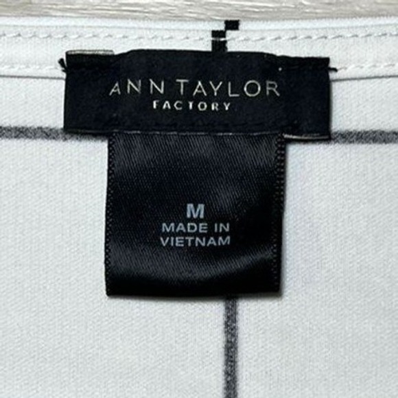 Ann Taylor Factory Women Grid Print Tie Sleeve Top Size Medium White Black - Picture 2 of 11